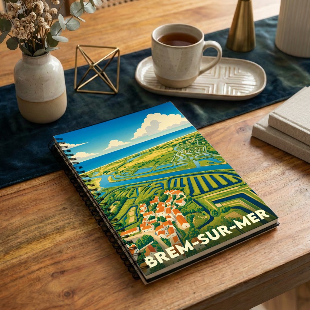 Carnet souvenir de la ville de Brem-sur-Mer avec une illustration stylisée vue du ciel.