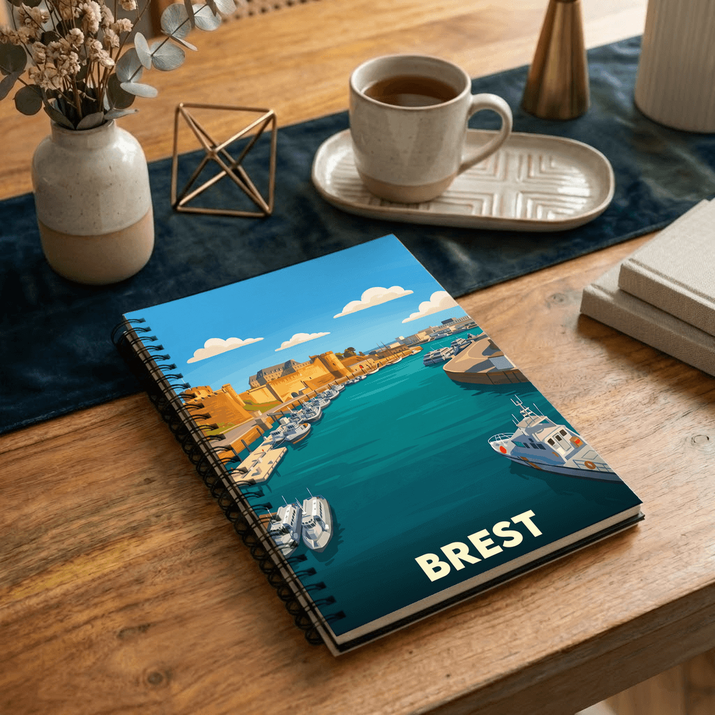 Carnet souvenir de la ville de Brest avec une illustration stylisée de son port.