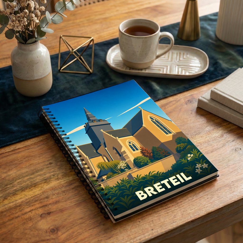Carnet souvenir de la ville de Breteil orné d'une illustration stylisée de son église.