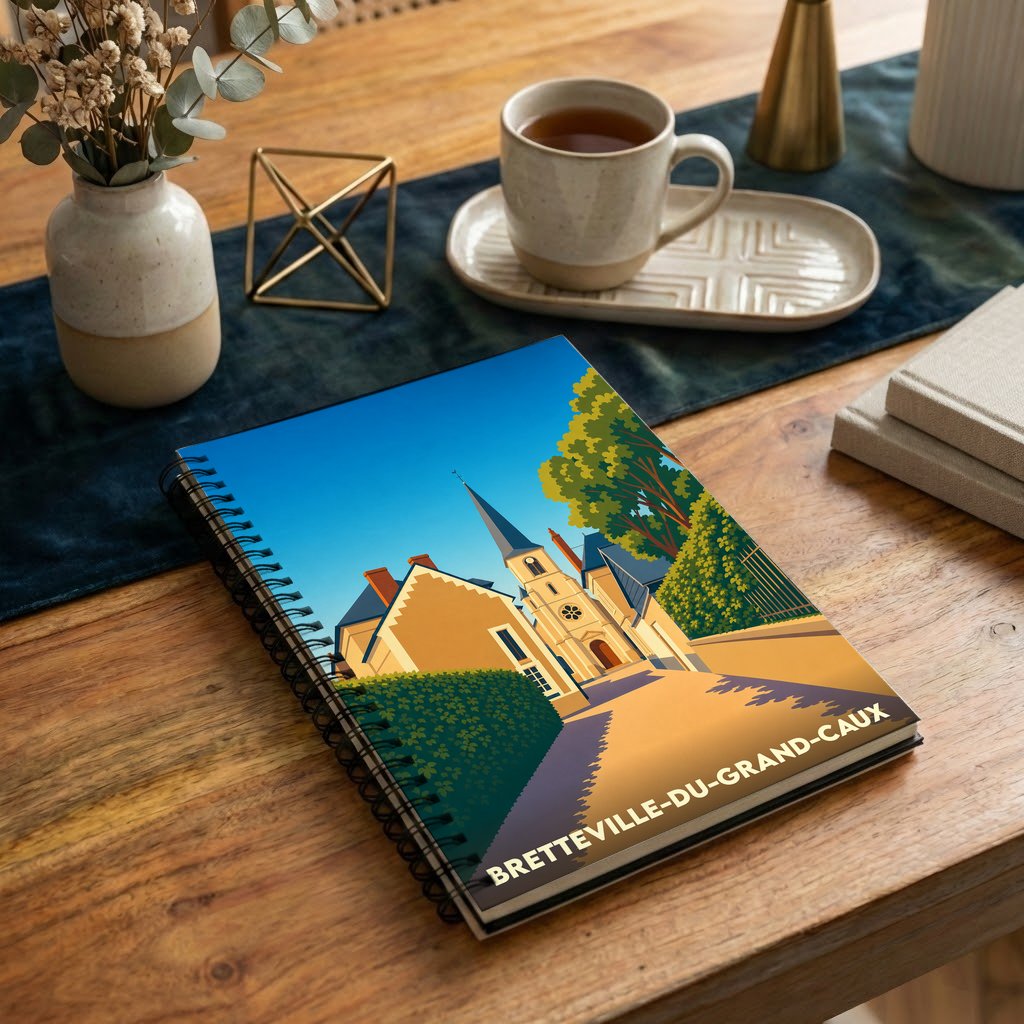 Carnet souvenir de la ville de Bretteville-du-Grand-Caux avec une illustration stylisée.