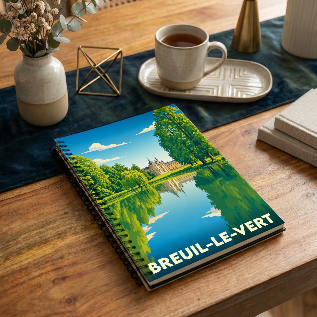 Carnet souvenir de la ville de Breuil-le-Vert avec une illustration stylisée d'un château se reflétant dans l'eau.
