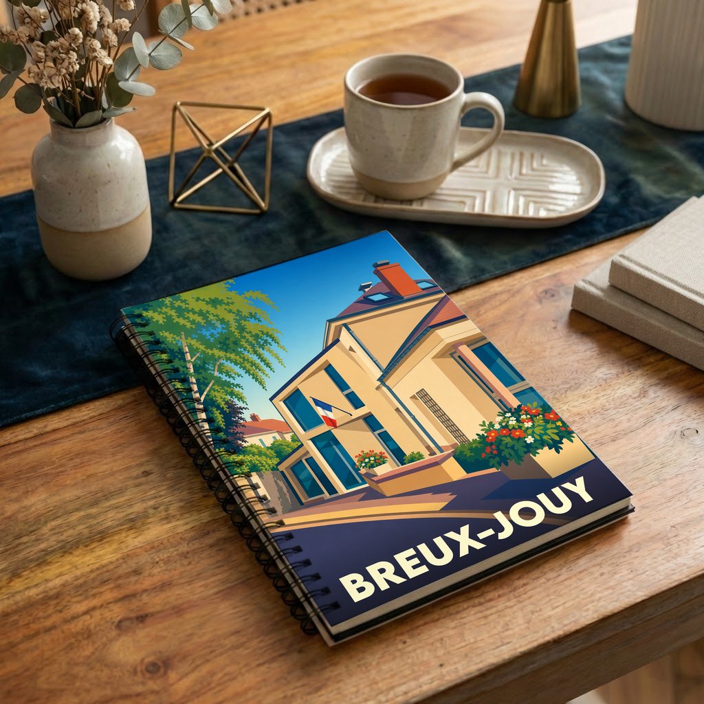 Carnet à spirales souvenir de la ville de Breux-Jouy avec une illustration stylisée.