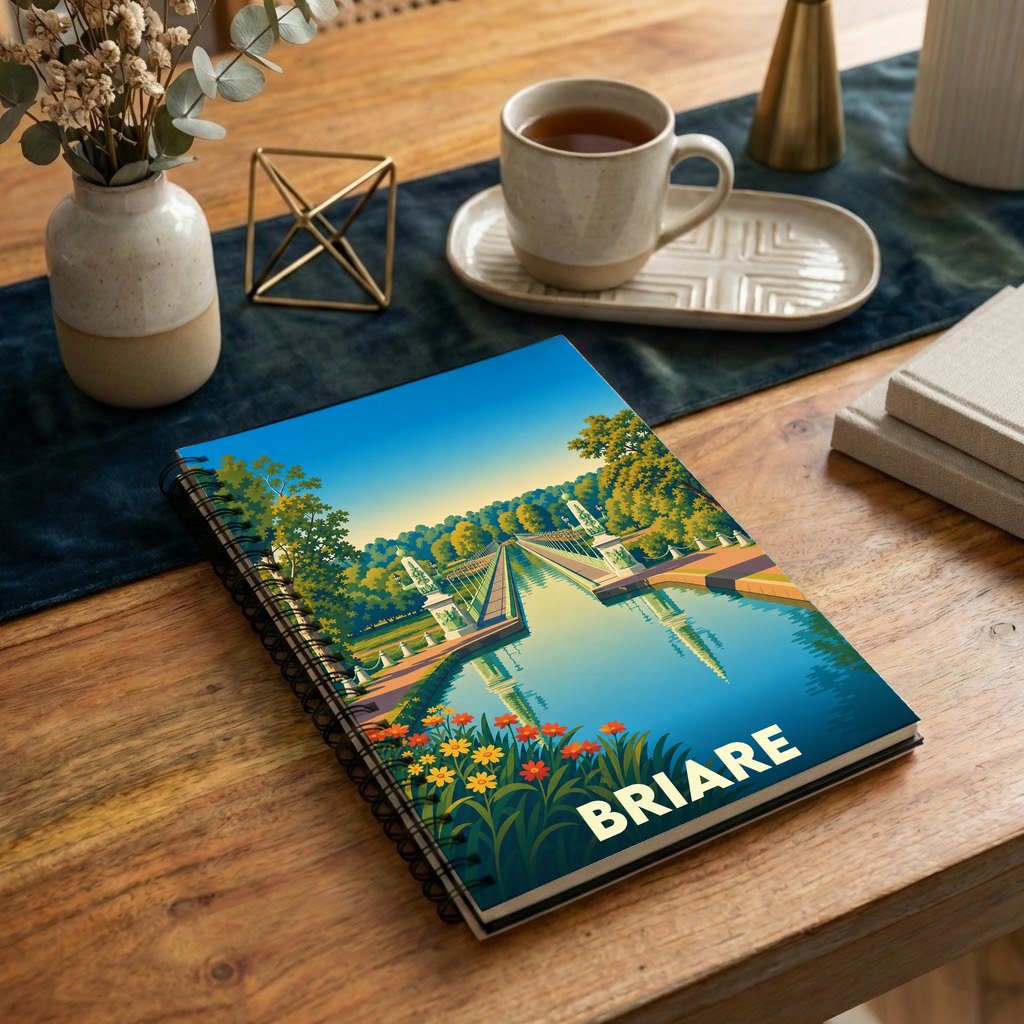 Carnet à spirales souvenir de la ville de Briare avec une illustration stylisée de son pont-canal.
