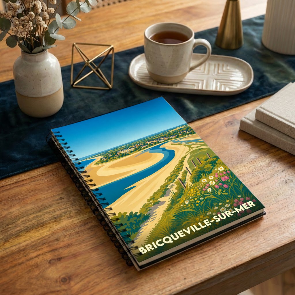 Carnet souvenir de la ville de Bricqueville-sur-Mer avec une illustration stylisée du littoral normand.
