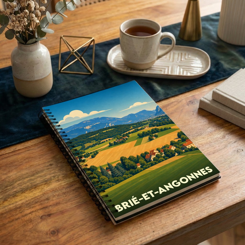 Carnet de notes à spirales souvenir de la ville de Brié-et-Angonnes avec une illustration de paysages vallonnés.