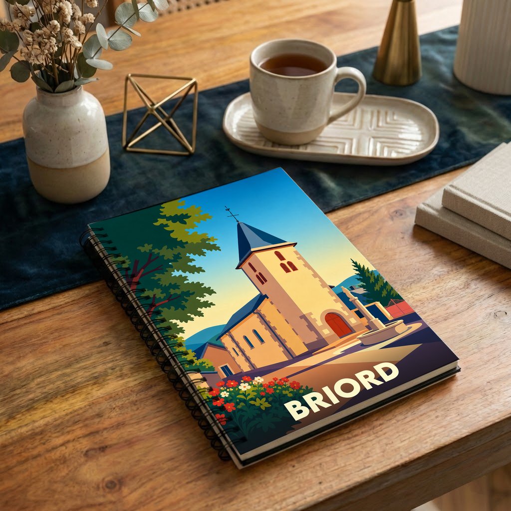 Carnet à spirales souvenir de la ville de Briord avec une illustration stylisée de son église.