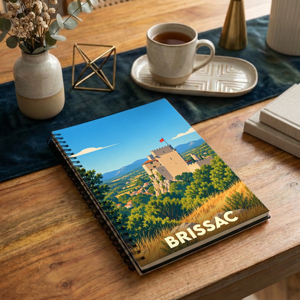 Carnet à spirales souvenir de la ville de Brissac avec une illustration stylisée de son château.