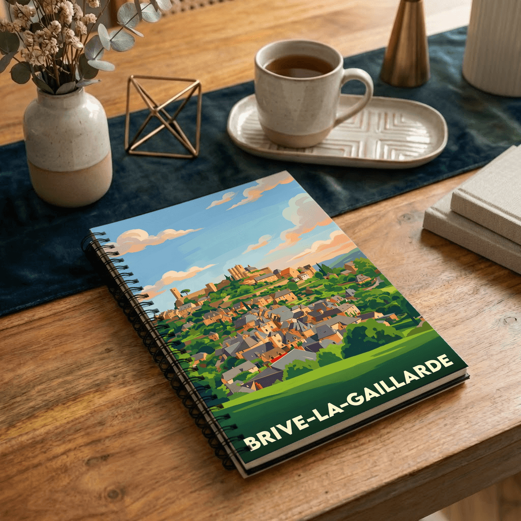 Carnet souvenir de la ville de Brive-la-Gaillarde avec une illustration stylisée du paysage urbain.