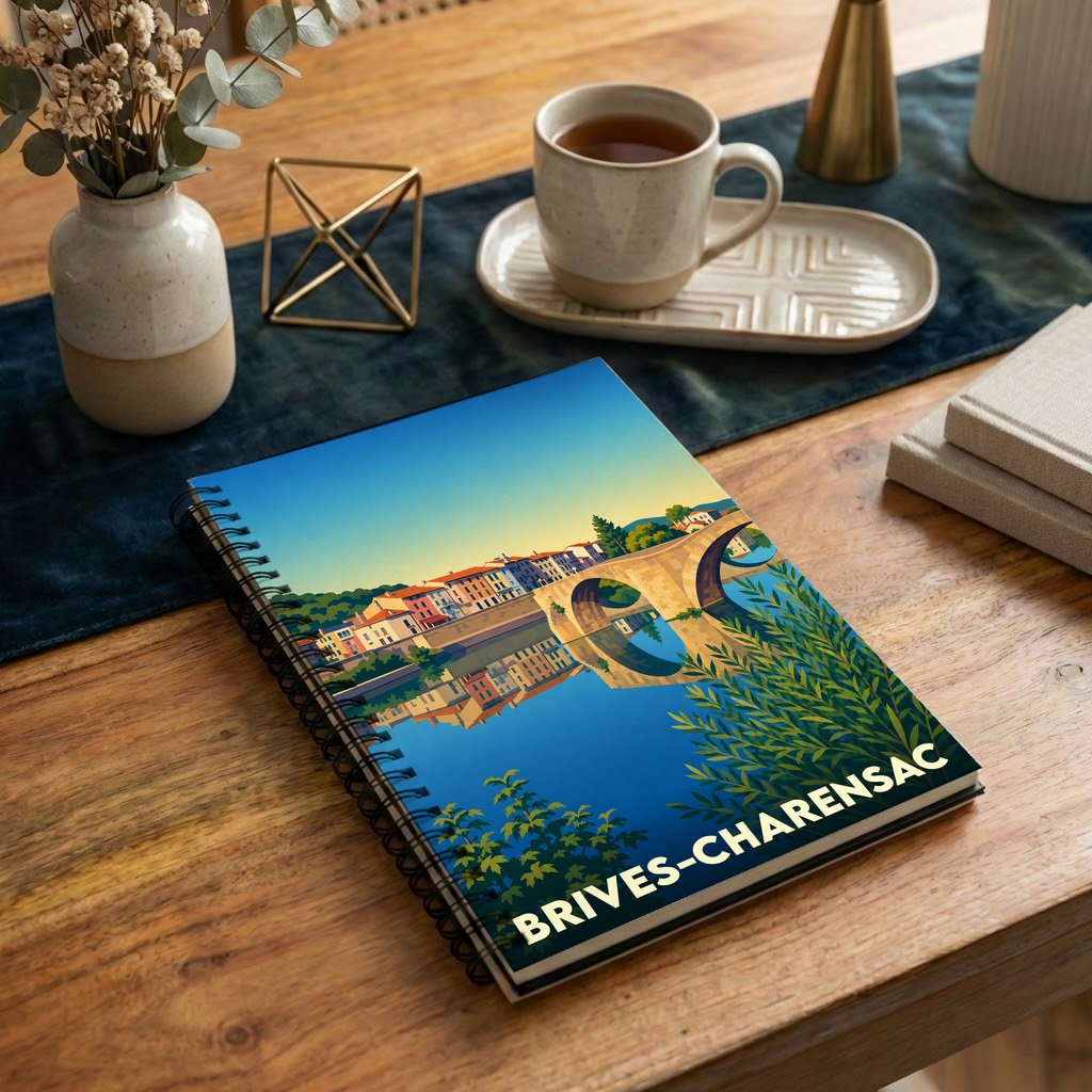 Carnet souvenir de la ville de Brives-Charensac avec une illustration stylisée de son pont emblématique se reflétant dans l'eau.