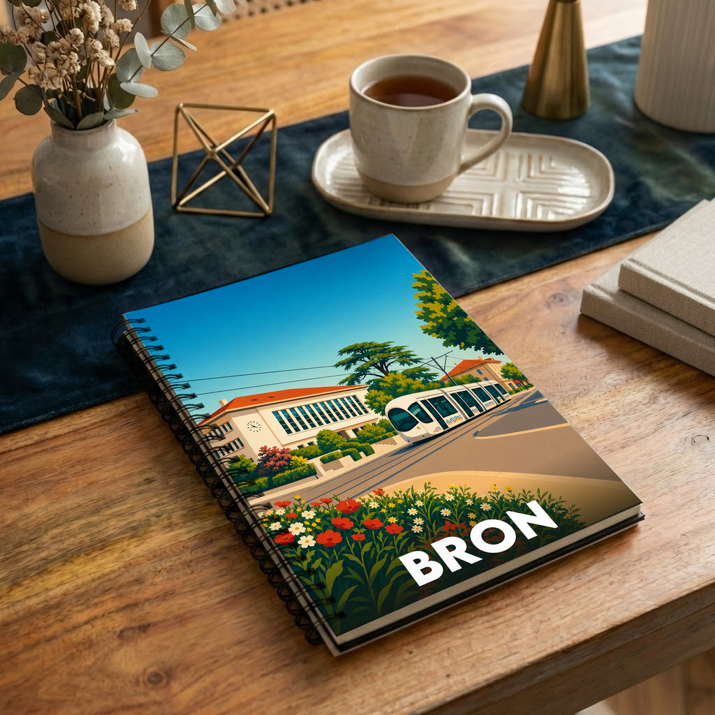 Carnet souvenir de la ville de Bron avec une illustration stylisée.