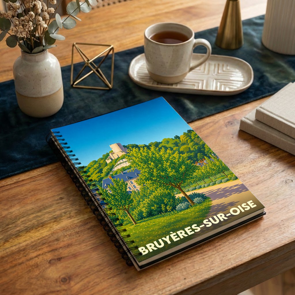 Carnet souvenir de la ville de Bruyères-sur-Oise avec une illustration stylisée de son paysage et château.
