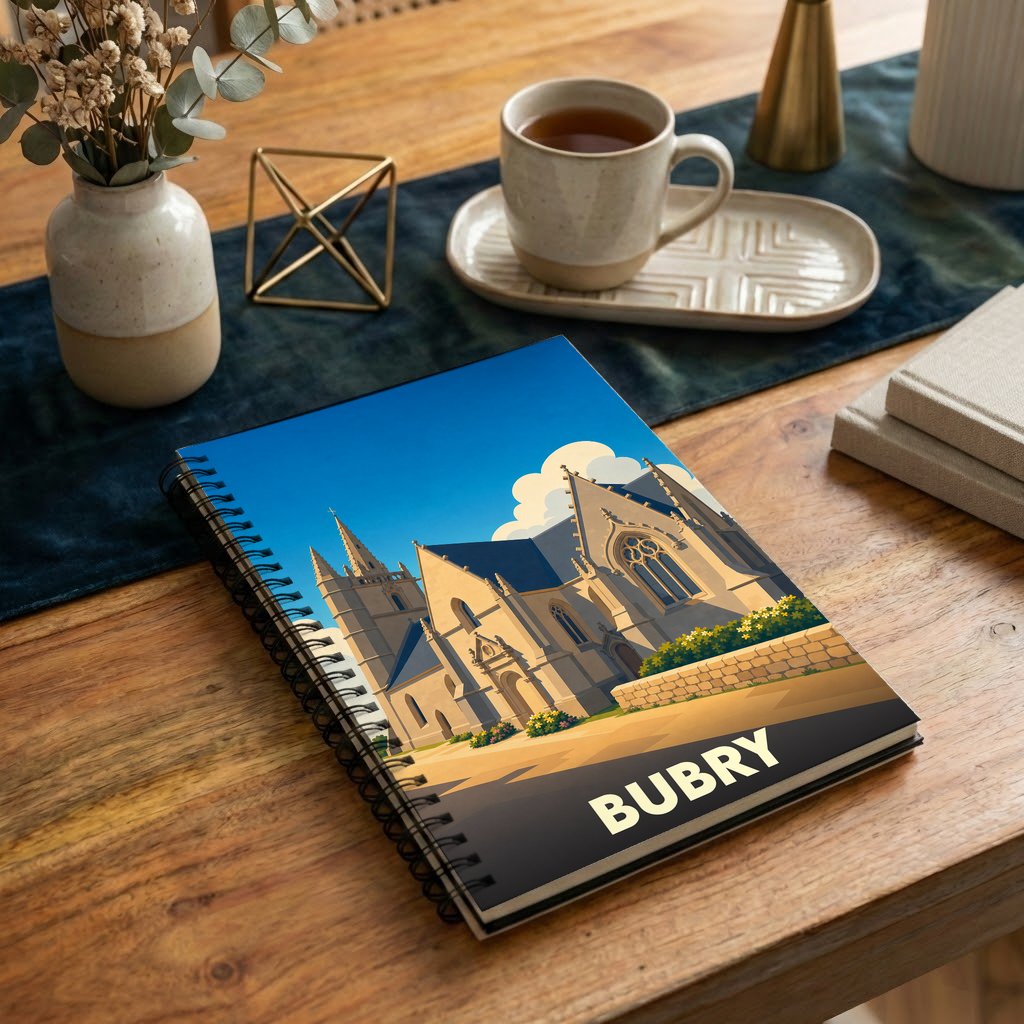 Carnet à spirales souvenir de la ville de Bubry orné d'une illustration stylisée de son église sous un ciel bleu.
