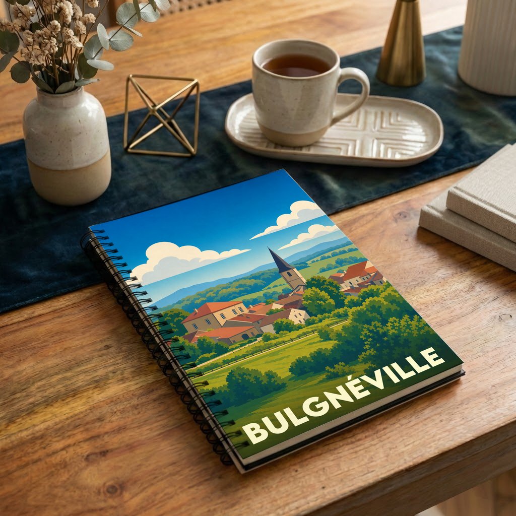 Carnet à spirales souvenir de la ville de Bulgnéville avec une illustration paysagère stylisée.