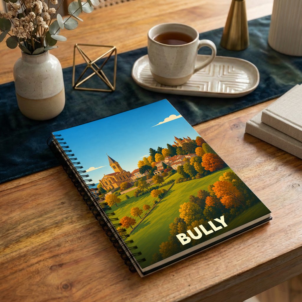 Carnet souvenir de la ville de Bully orné d'une illustration paysagère automnale stylisée.