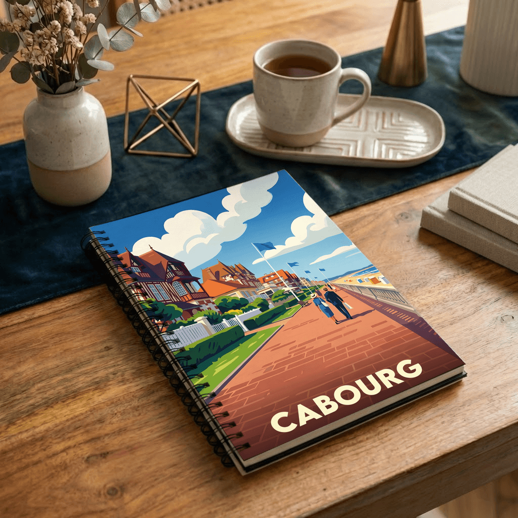 Carnet souvenir de la ville de Cabourg avec une illustration stylisée de sa promenade maritime.