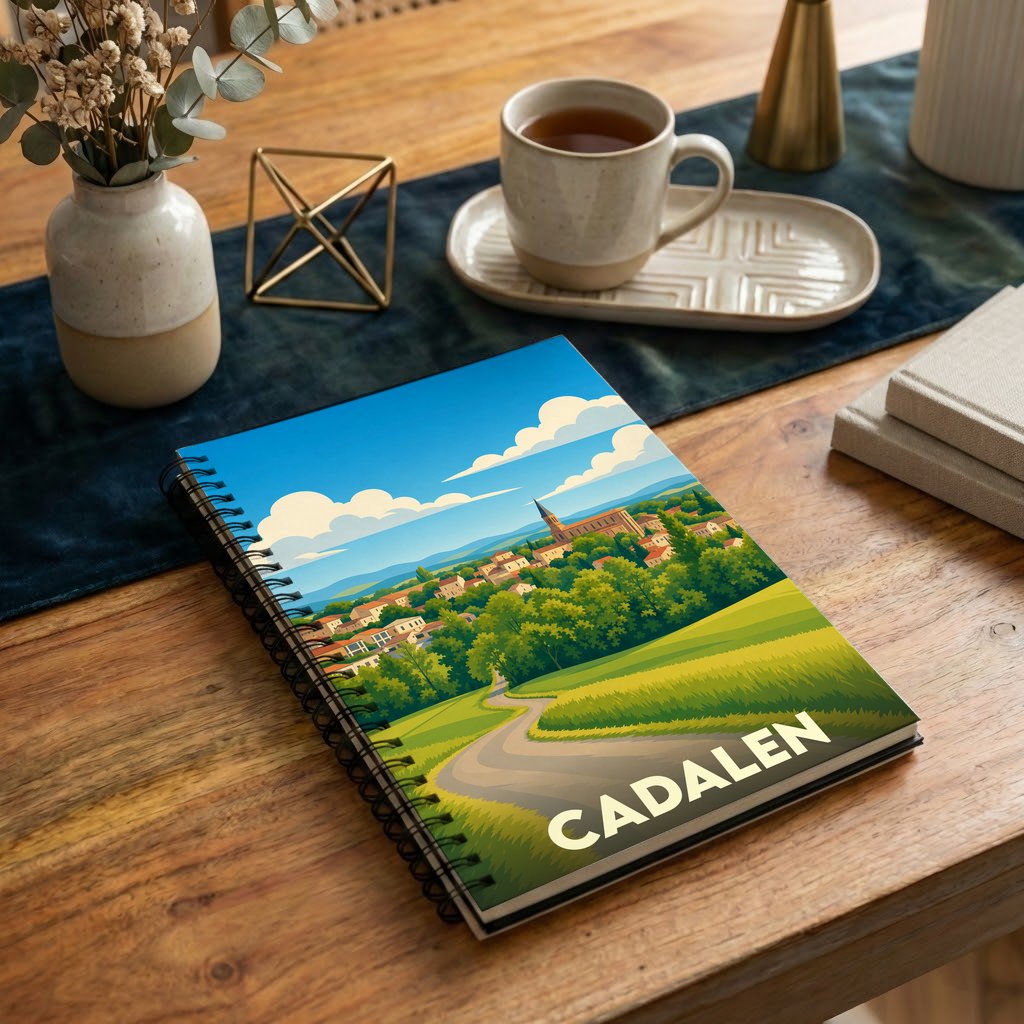 Carnet de notes à spirales souvenir de la ville de Cadalen avec une illustration stylisée de son paysage vallonné.