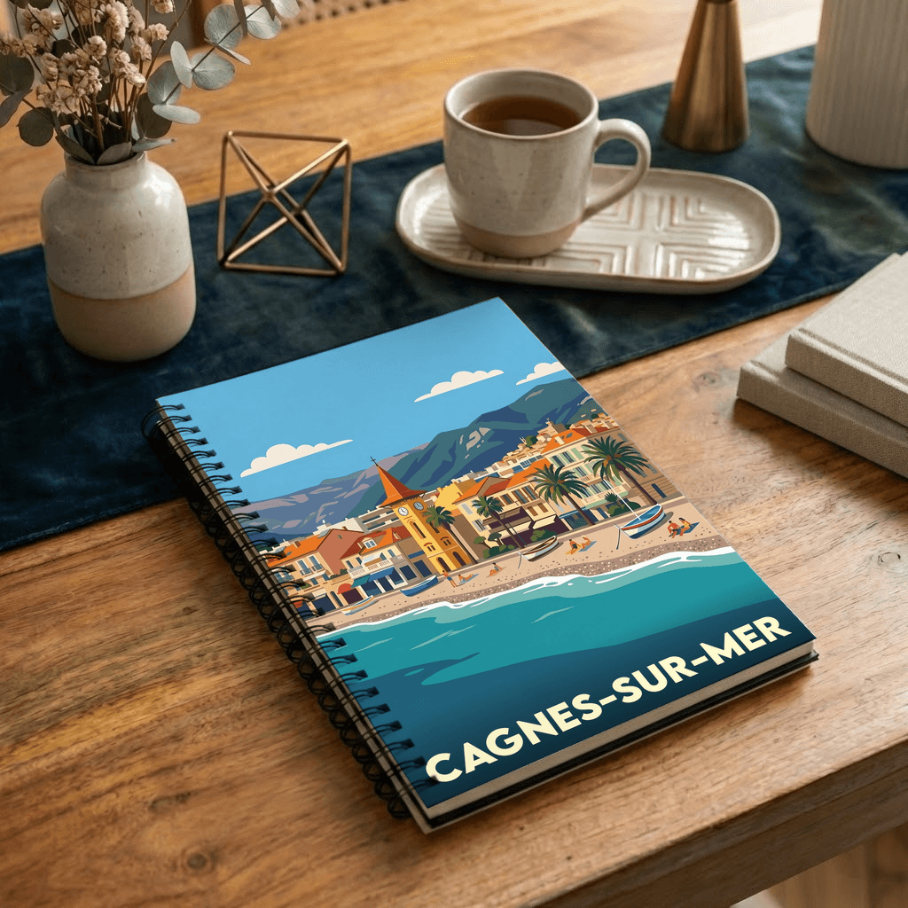 Carnet souvenir de la ville de Cagnes-sur-Mer avec une illustration stylisée.