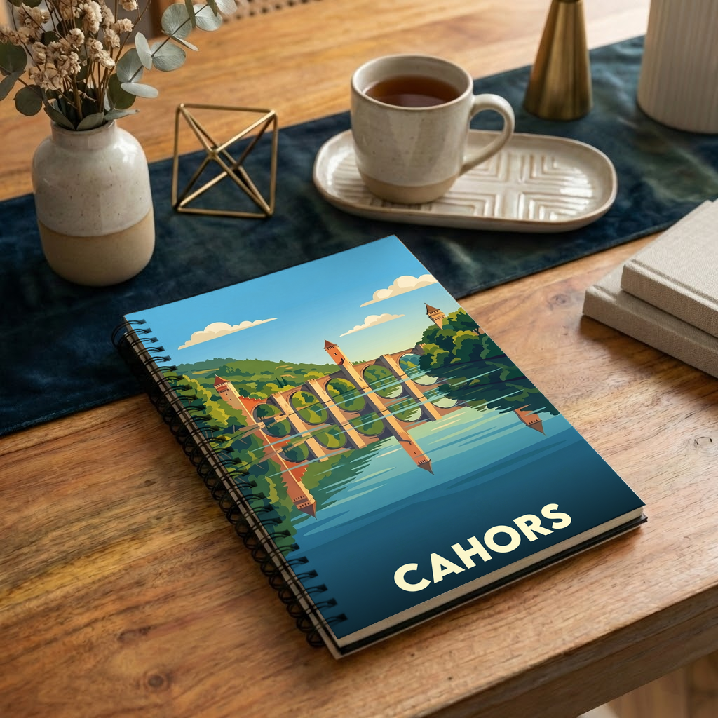 Carnet souvenir de la ville de Cahors avec une illustration stylisée de son pont emblématique.