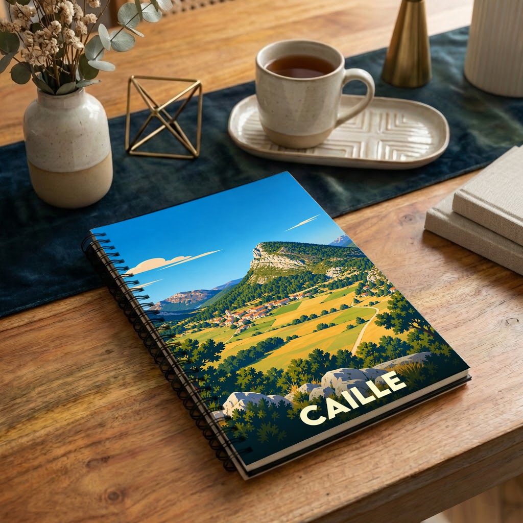 Carnet souvenir de la ville de Caille avec une illustration stylisée de son paysage montagneux.