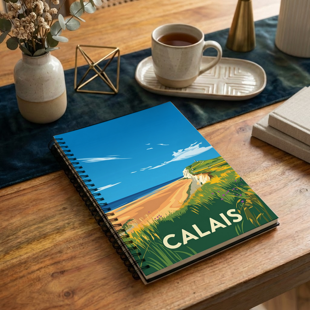 Carnet souvenir de la ville de Calais avec une illustration stylisée de son littoral.