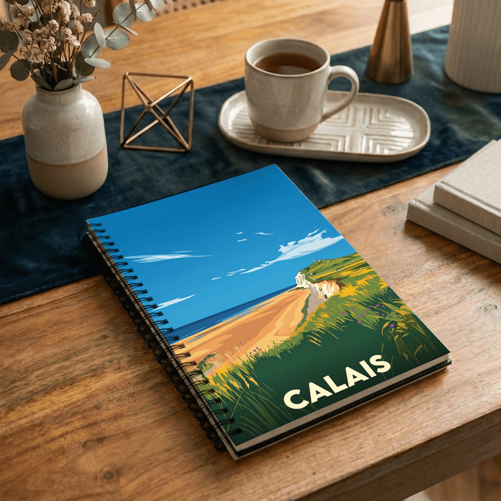 Carnet souvenir de la ville de Calais avec une illustration stylisée de son littoral.