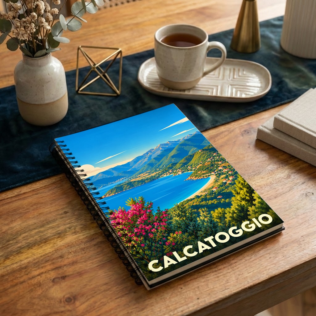 Carnet à spirales souvenir de Calcatoggio avec une illustration stylisée de sa baie et ses montagnes.
