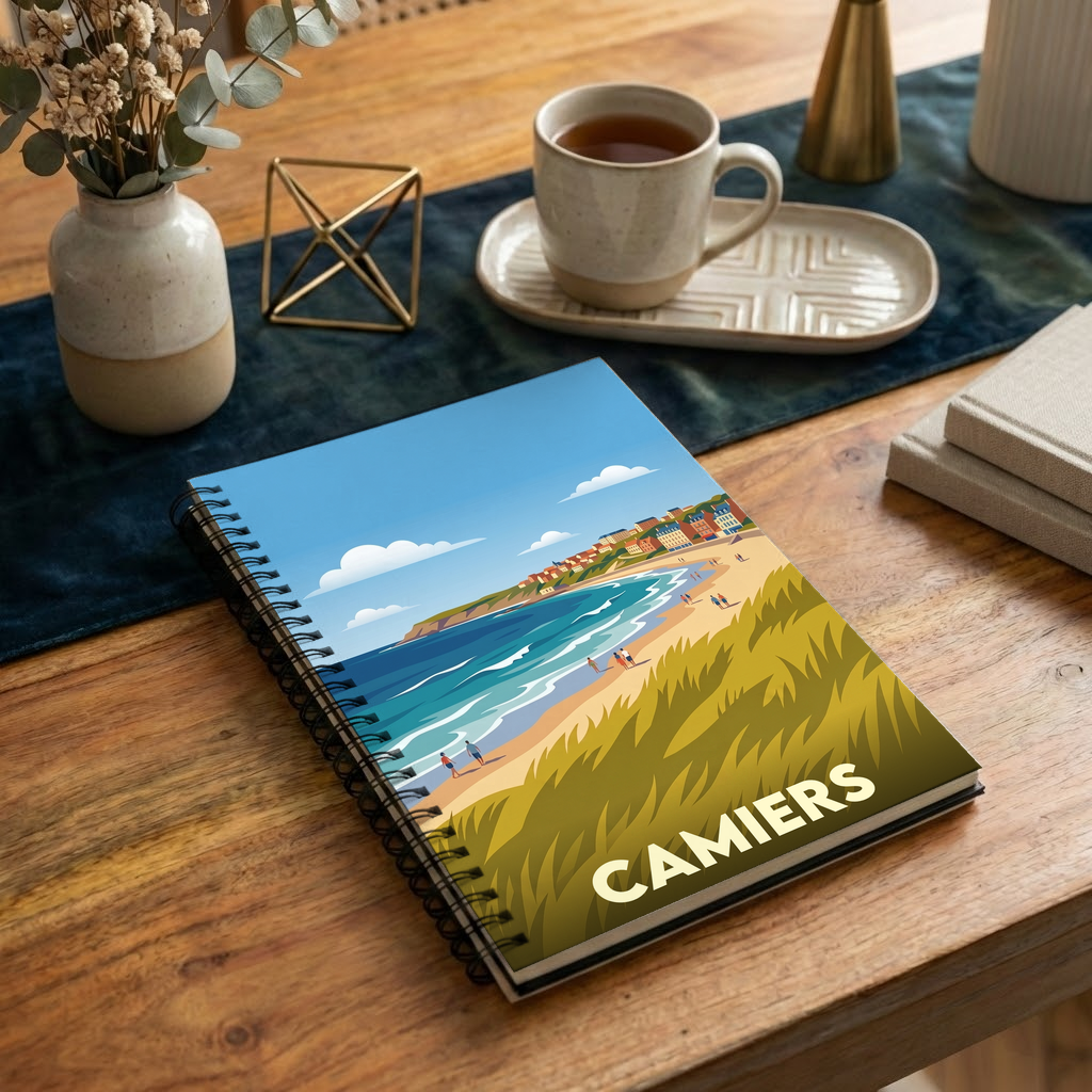 Carnet souvenir de la ville de Camiers avec une illustration stylisée de sa plage.