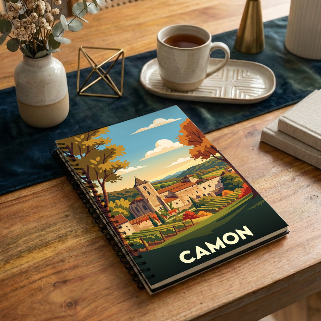 Carnet souvenir de la ville de Camon avec une illustration stylisée.