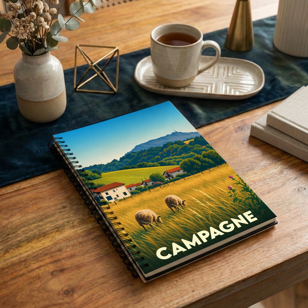 Carnet souvenir de la ville de Campagne avec une illustration stylisée de son paysage urbain.