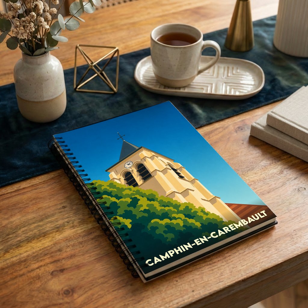 Carnet souvenir de la ville de Camphin-en-Carembault avec une illustration stylisée de son église.