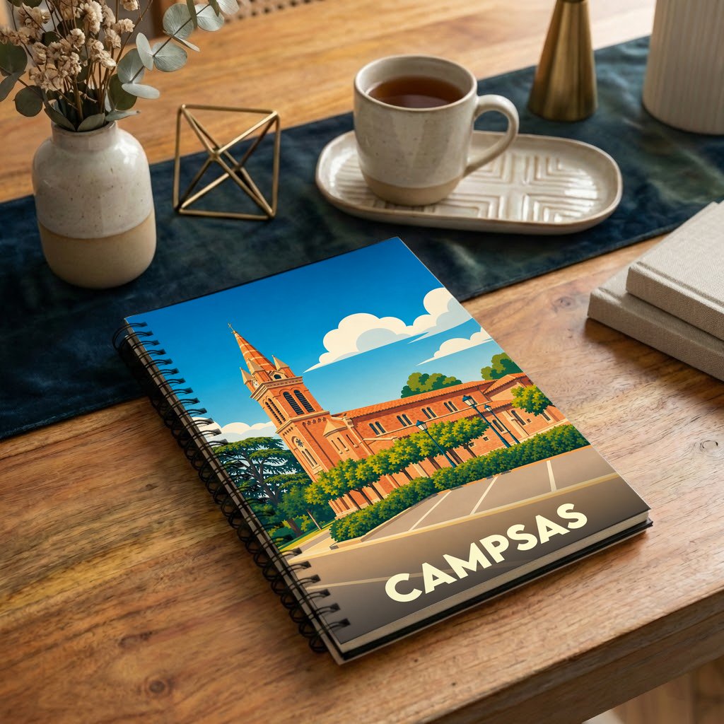 Carnet à spirales souvenir de la ville de Campsas avec une illustration stylisée.
