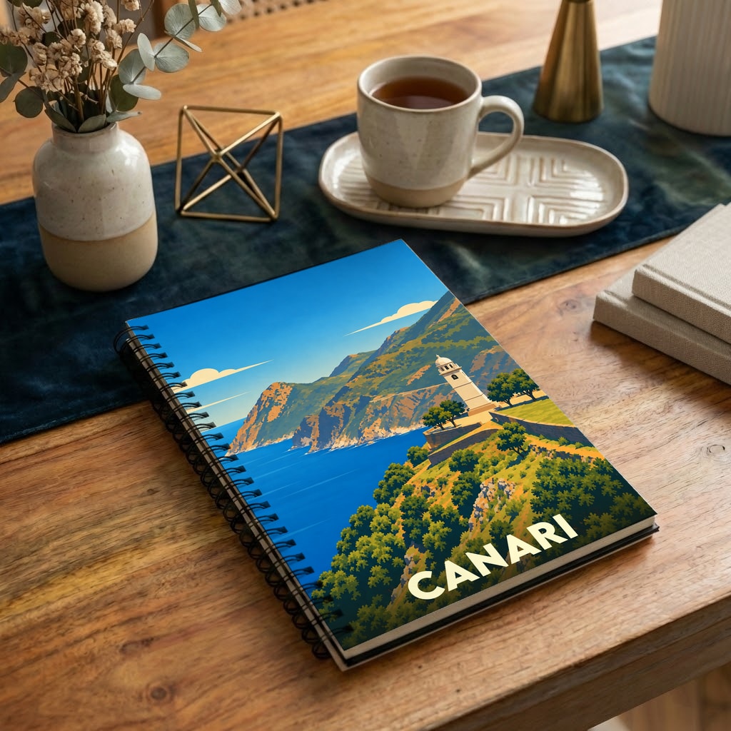 Carnet à spirale souvenir de la ville de Canari avec une illustration stylisée de son littoral.