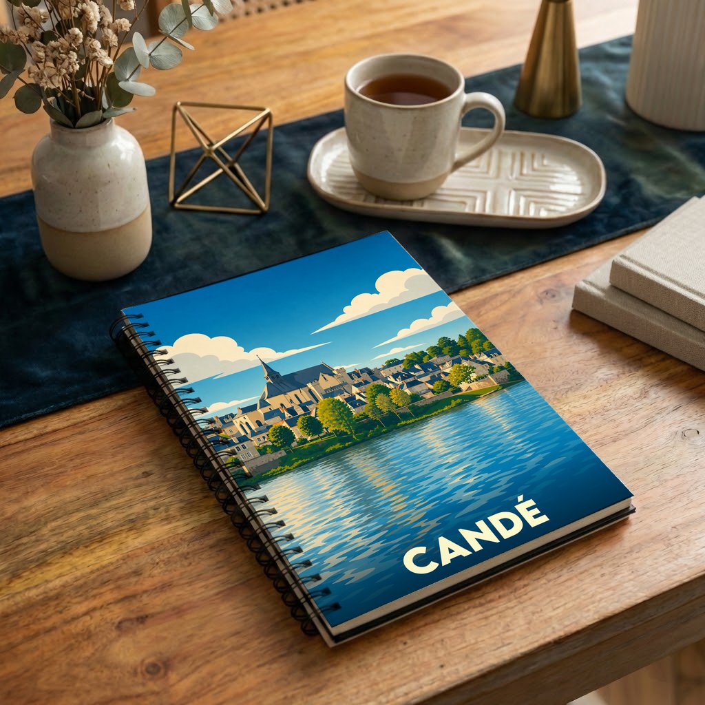 Carnet à spirales souvenir de la ville de Candé avec une illustration stylisée d'un paysage de bord de l'eau.