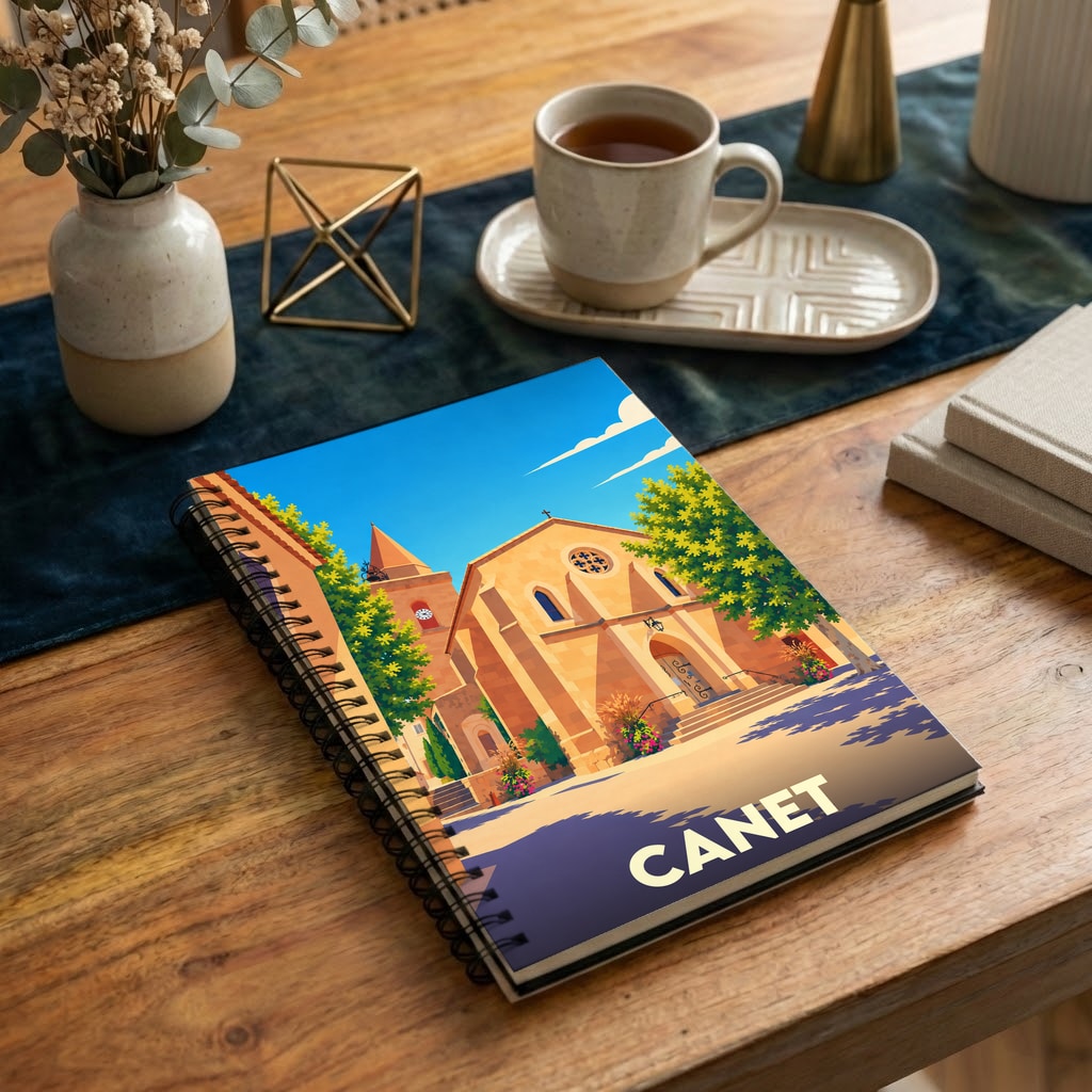 Carnet à spirale souvenir de la ville de Canet avec une illustration stylisée de son église sous un ciel bleu.