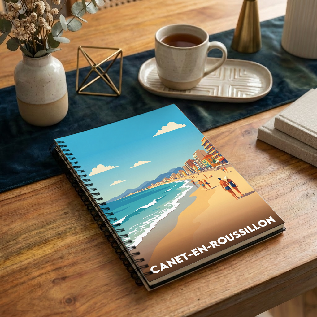 Carnet de notes souvenir de la ville de Canet-en-Roussillon avec une illustration stylisée de sa plage.