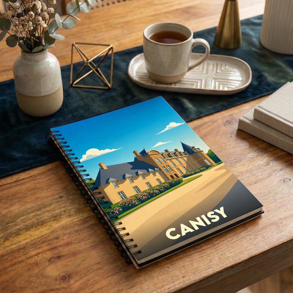 Carnet souvenir de la ville de Canisy avec une illustration stylisée d'un château.