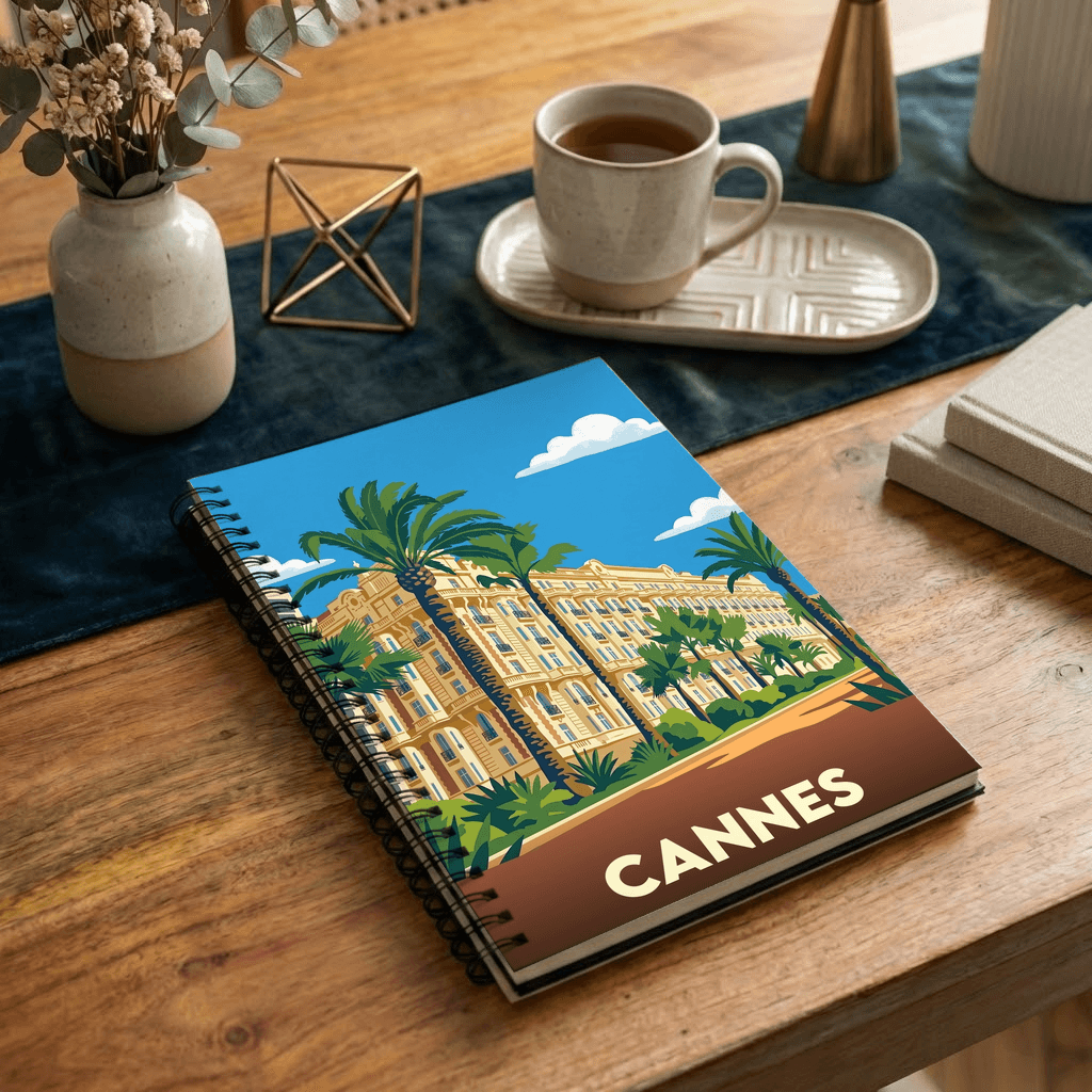 Carnet souvenir de la ville de Cannes avec une illustration graphique stylisée.