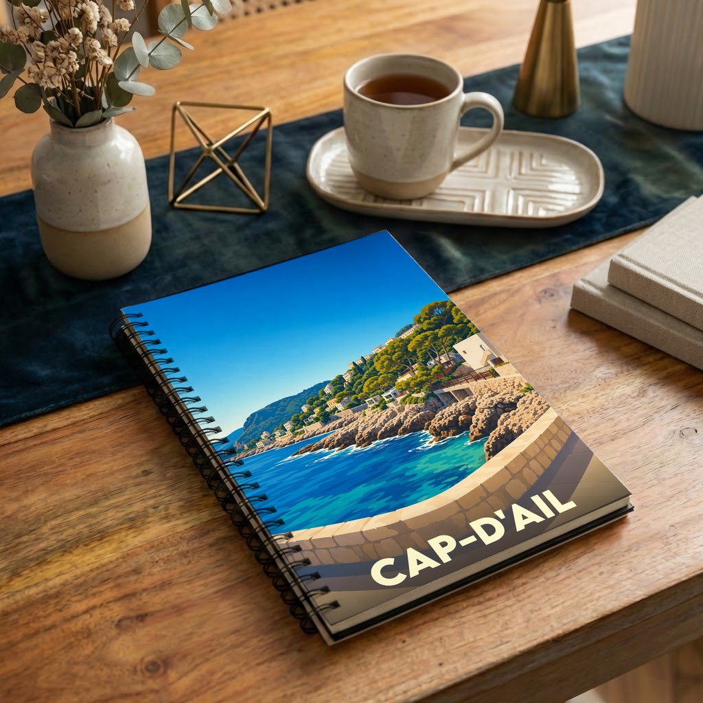 Carnet à spirales souvenir de la ville de Cap-d'Ail avec une illustration stylisée de son littoral escarpé.