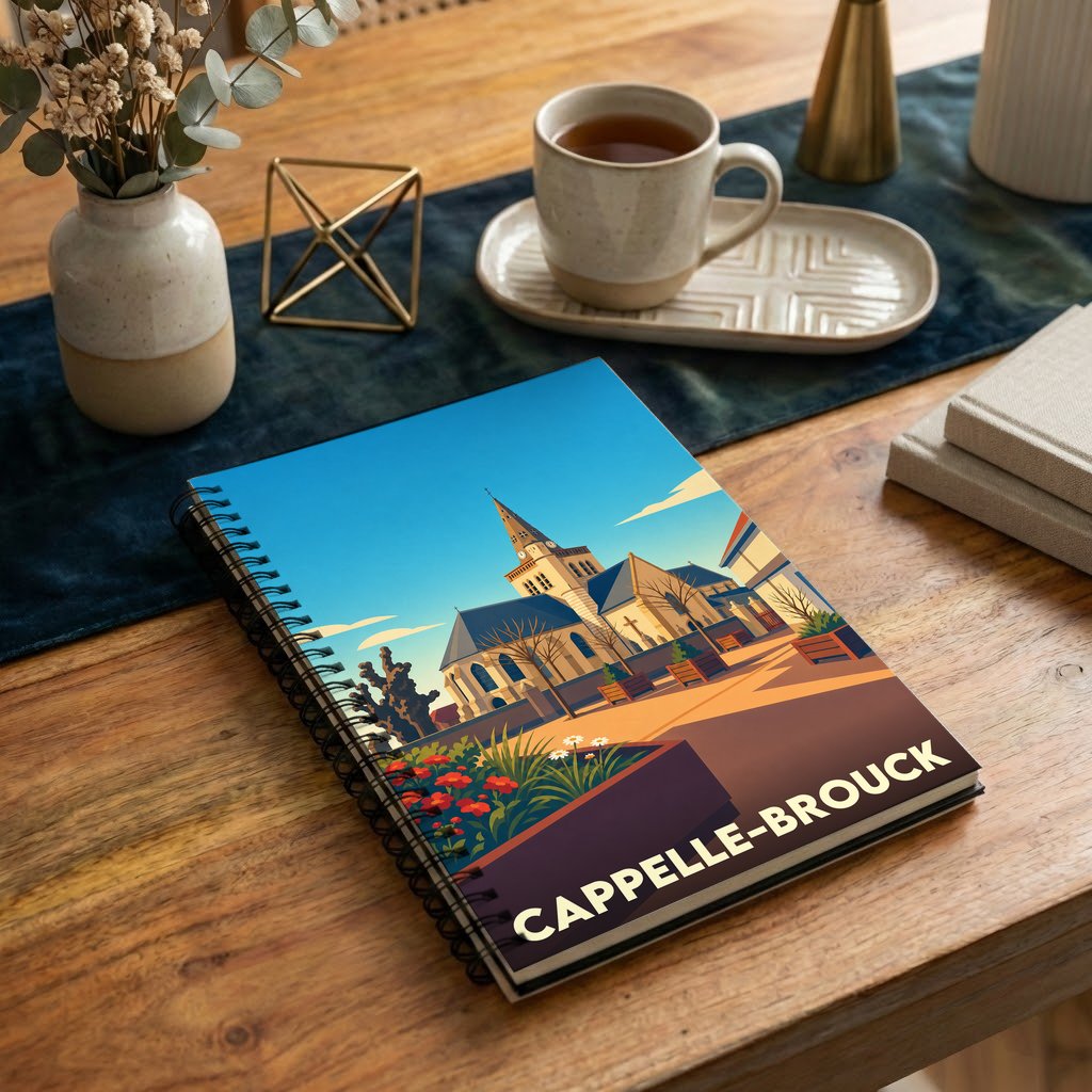 Carnet à spirales souvenir de la ville de Cappelle-Brouck avec une illustration stylisée de son église.