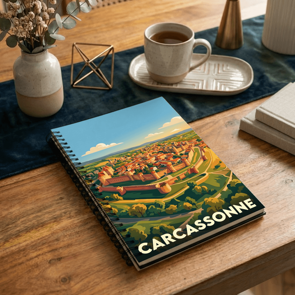 Carnet souvenir de la ville de Carcassonne avec une illustration stylisée de la cité médiévale.
