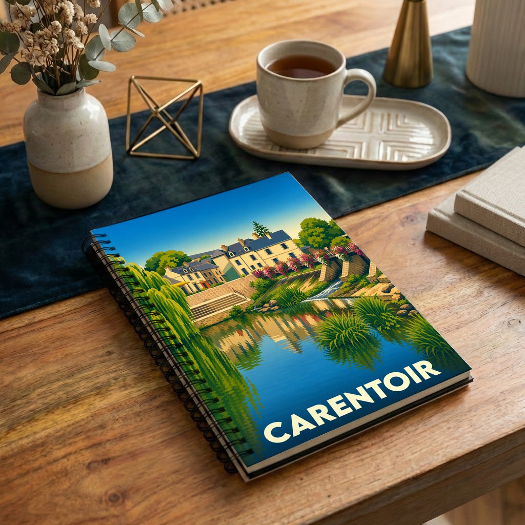 Carnet à spirales souvenir de la ville de Carentoir orné d'une illustration stylisée de ses paysages au bord de l'eau.