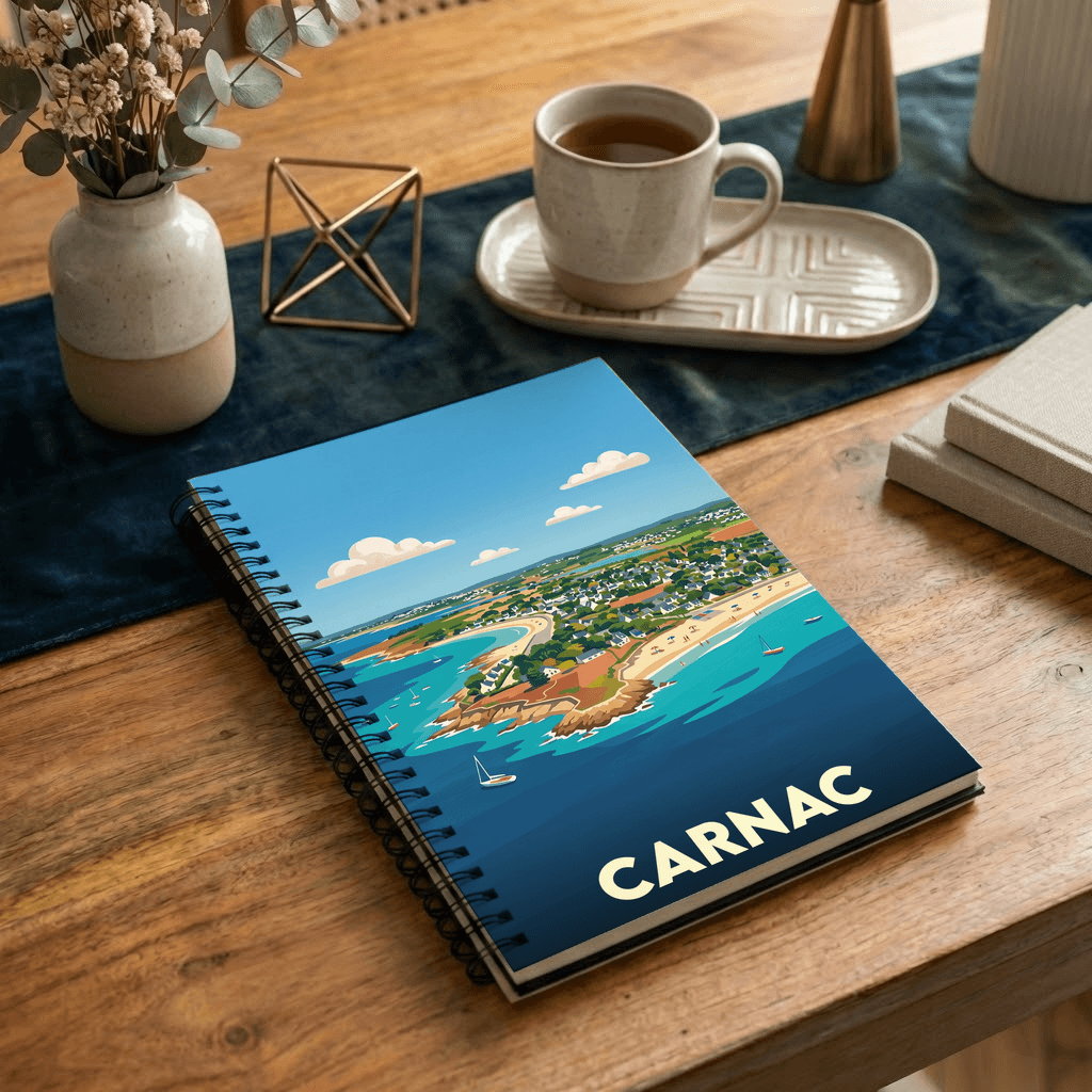 Carnet souvenir de la ville de Carnac avec une illustration stylisée de son littoral.