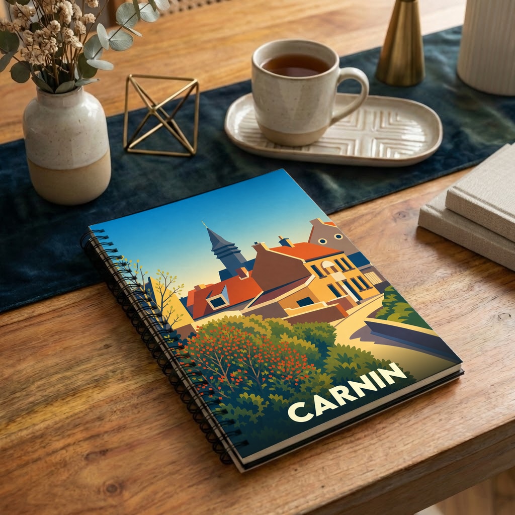 Carnet à spirales souvenir de la ville de Carnin avec une illustration stylisée.