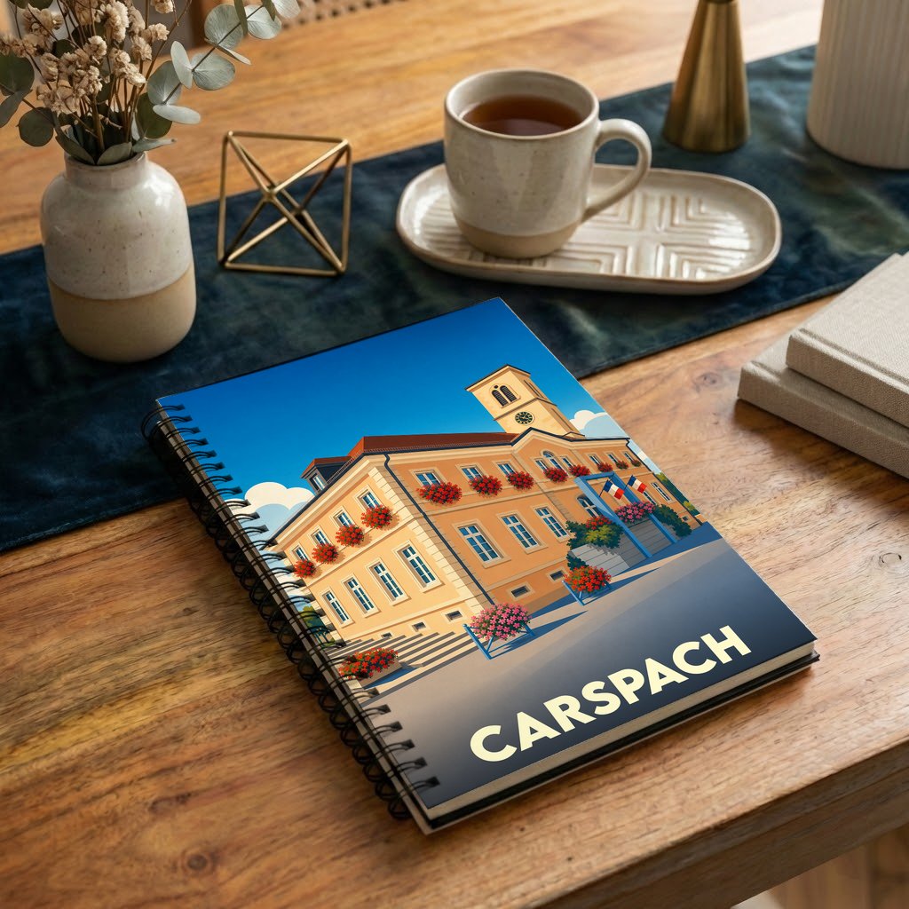 Carnet souvenir de la ville de Carspach avec une illustration stylisée de l'hôtel de ville.
