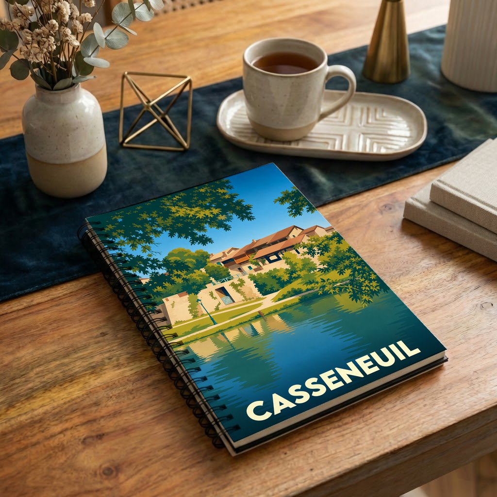 Carnet souvenir de la ville de Casseneuil avec une illustration stylisée de ses bords de rivière.