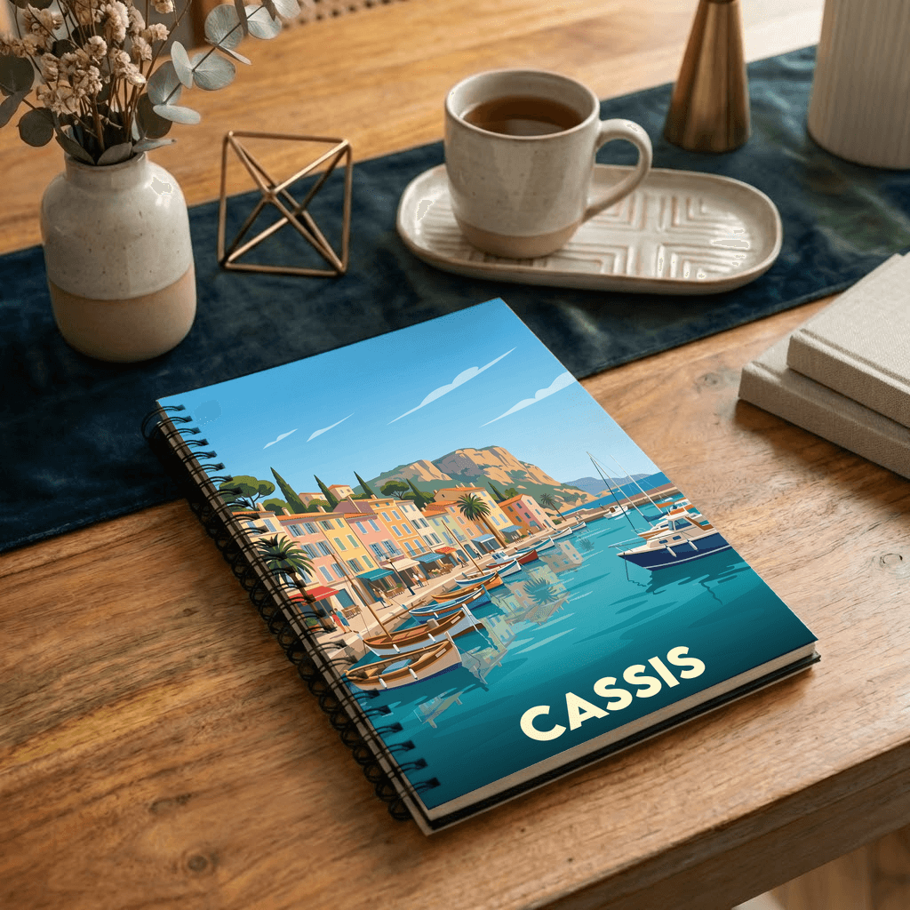 Carnet souvenir de la ville de Cassis avec une illustration stylisée de son port.