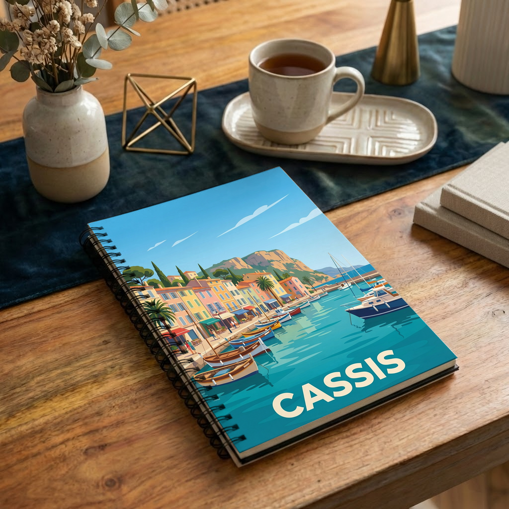 Carnet souvenir de la ville de Cassis avec une illustration stylisée de son port.