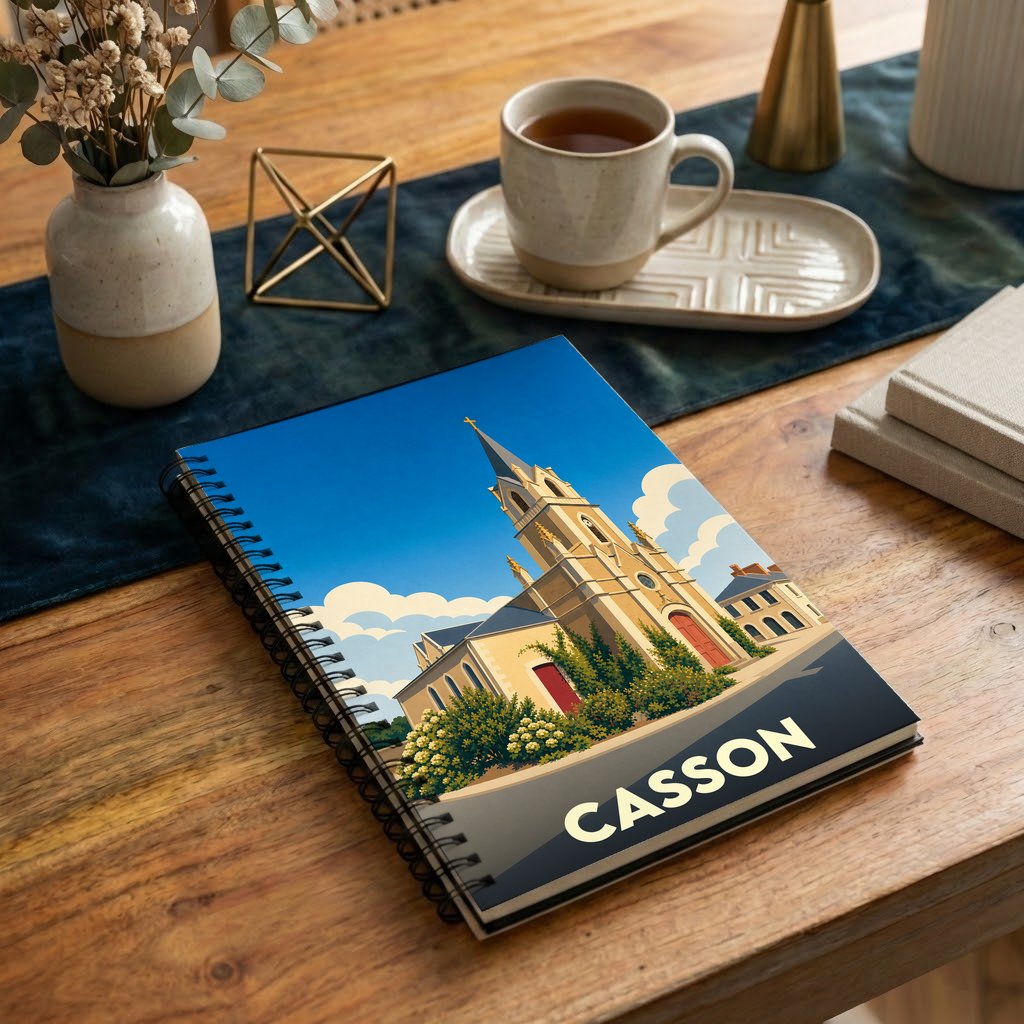Carnet souvenir de la ville de Casson avec une illustration stylisée de son église.