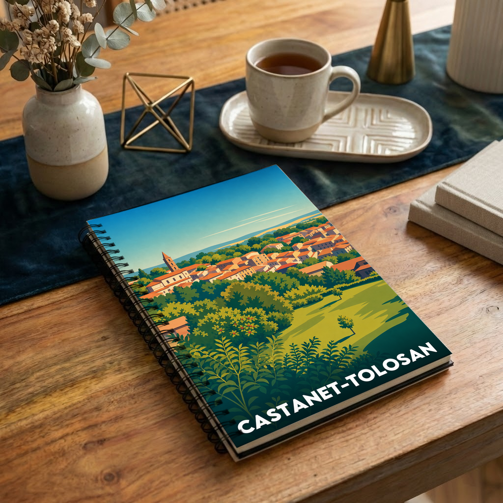 Carnet souvenir de la ville de Castanet-Tolosan avec une illustration stylisée.