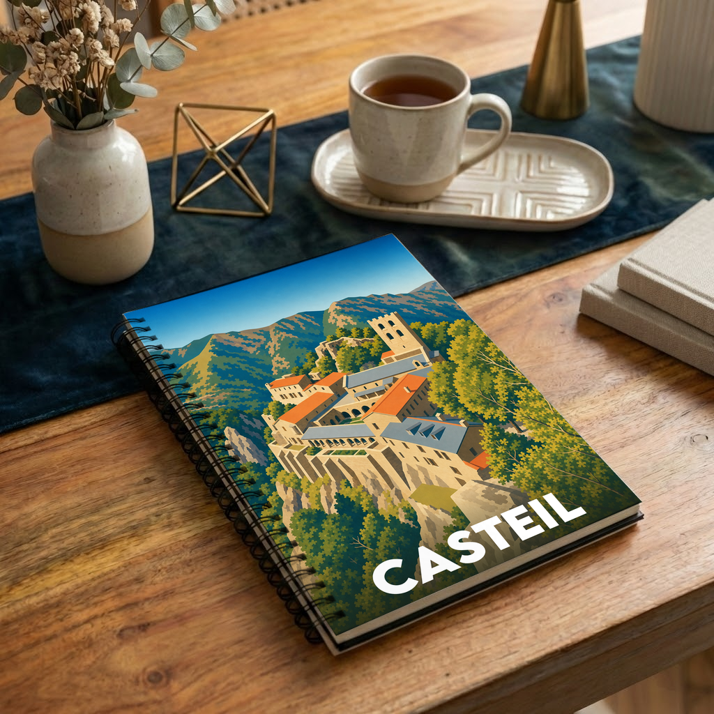 Carnet souvenir de la ville de Casteil avec une illustration stylisée.